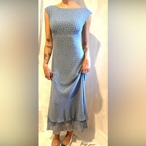 Light Blue Polka Dot Midi Dress | Vintage Style | Cap Sleeve | No Label